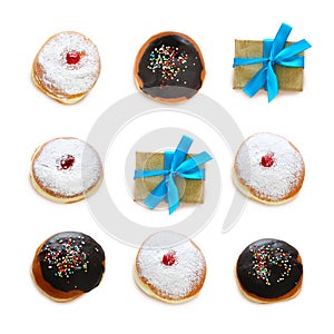 jewish holiday Hanukkah image with traditional doughnuts isolated on white.