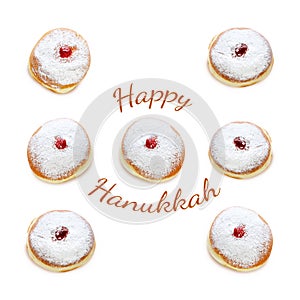 jewish holiday Hanukkah image with traditional doughnuts isolated on white.