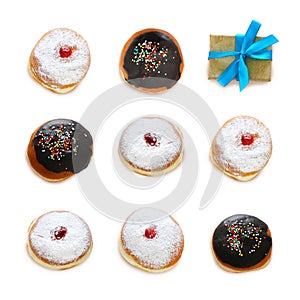 jewish holiday Hanukkah image with traditional doughnuts isolated on white.