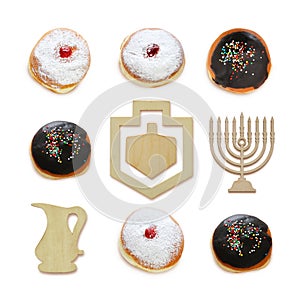 jewish holiday Hanukkah image with traditional doughnuts and menorah & x28;traditional candelabra& x29; isolated on white.