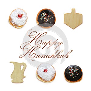 jewish holiday Hanukkah image with traditional doughnuts and spinning to isolated on white