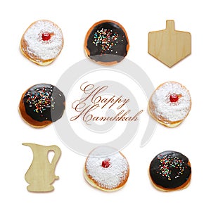 jewish holiday Hanukkah image with traditional doughnuts and spinning to isolated on white.