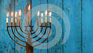 jewish holiday Hanukkah with menorah traditional candelabra photo