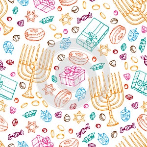 Jewish holiday Hanukkah seamless pattern. Set of traditional Chanukah symbols isolated on white - dreidels, sweets