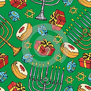 Jewish holiday Hanukkah seamless pattern. Set of traditional Chanukah symbols isolated on white - dreidels, sweets, donuts, menora