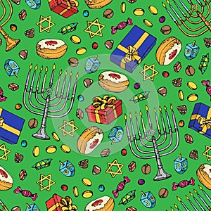 Jewish holiday Hanukkah seamless pattern. Set of traditional Chanukah symbols isolated on white - dreidels, sweets, donuts, menora