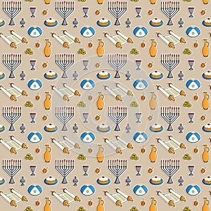 Jewish holiday Hanukkah seamless pattern. Traditional menorah, candles, Dreidel with Hebrew letters, jug of oil, bowl of