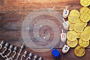 jewish holiday Hanukkah with wooden dreidels