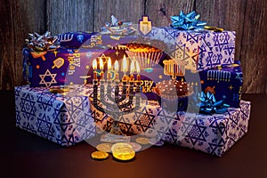 Jewish holiday HanukkahBeautiful Chanukah decorations in blue and silver with gifts