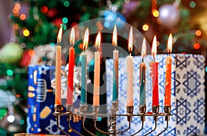 Brightly Glowing Hanukkah Menorah soft focus photo