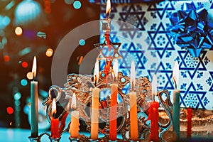 Brightly Glowing Hanukkah Menorah soft focus photo