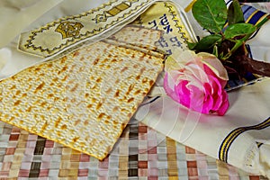 Jewish holiday, Holiday symbol, jewish matzo bread on a table with flowers