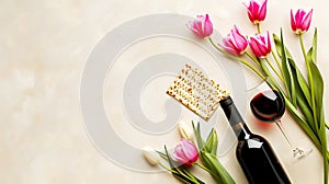 Jewish holiday Passover, Passover celebrations, traditional kosher food. Matzo, red kosher wine, beautiful spring tulips