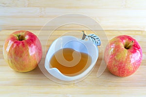 Jewish holiday Rosh Hashana background with honey and apple on wooden table.
