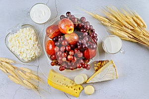 Jewish holiday Shavuot concept. Kosher food on white background