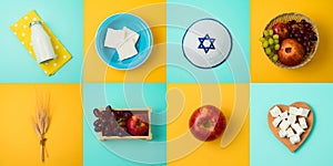 Jewish holiday Shavuot concept with milk, dairy products and fruits photo