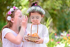 Jewish Holiday Shavuot.Harvest.Two little girls in white dress holds a basket with fresh fruit in a summer garden.