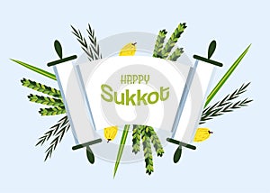 Jewish holiday Sukkot. torah with Lulav, ,Etrog, Arava and Hadas.