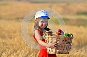 Jewish Israeli girl with fruit basket on Shavuot Jewish holiday