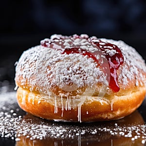 A jewish israeli sufganiyah jelly doughnut with powdered sugar and jam on top, AI