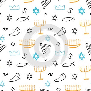 Jewish items seamless pattern, Jewish hand drawn lineart icons background, vector illustration