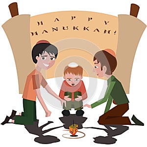 Jewish kids with spinning top, happy hanukkah