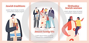 Jewish Life and Traditions, Traditional Family Banners, Orthodox Jew Parents, Grandfather and Kids Characters