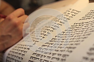 Jewish man with beard writing on a parchment scroll. Photo taken on: December 30th,2015