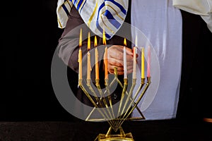 Jewish man blessings Chanukah menorah traditional Hanukkah photo