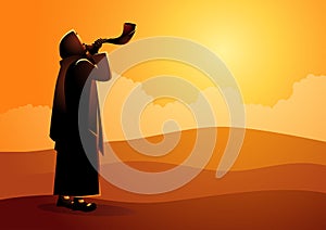 Jewish man blowing the Shofar ramâ€™s horn