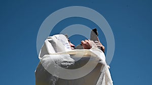 Jewish man blowing Shofar on Rosh Hashana Jewsih Holiday