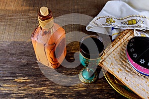 A Jewish Matzah bread with wine. Passover holiday concept