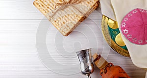 A Jewish Matzah bread with wine. Passover holiday concept