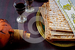 A Jewish Matzah bread with wine. Passover holiday concept