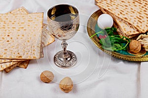 A Jewish Matzah bread with wine. Passover holiday concept