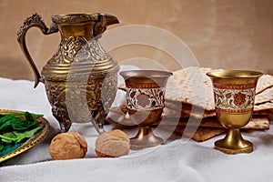 A Jewish Matzah bread with wine. Passover holiday concept