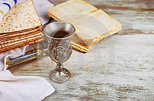 A Jewish Matzah bread with wine. Passover holiday concept