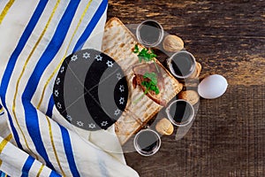 A Jewish Matzah bread with wine. Passover holiday concept