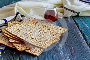 A Jewish Matzah bread with wine. Passover holiday concept