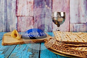 A Jewish Matzah bread with wine. Passover holiday concept