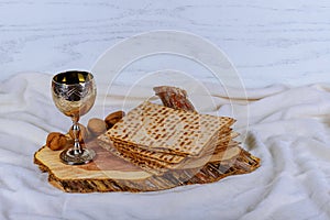 A Jewish Matzah bread with wine. Passover holiday concept