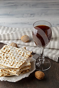 Jewish Matzah bread with wine for Passover holiday