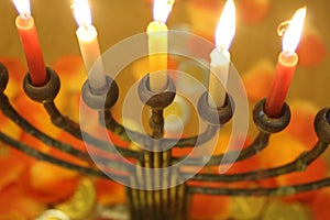 Jewish menorah with lighted candles flowers and chocolate coins Hanukkah and Judaic holiday symbol