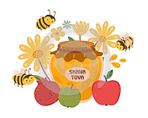 Jewish New Year festival, Rosh hashanah. Happy shana tova, flying bee. Holiday symbols honey, apple and pomegranate
