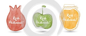 Jewish New Year Holiday. Happy Shana Tova. Rosh Hashanah Vector Greeting Card. Typography and Doodle Fruits. Cartoon character