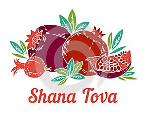 Jewish new year Rosh Hashanah composition with pomegranates. Title in Hebrew Have a good year