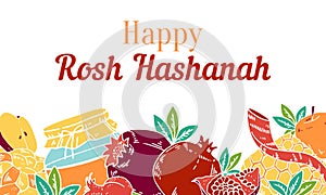 Jewish new year Rosh Hashanah design template with traditional objects and food on the bottom of the page