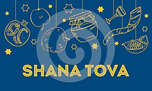 Jewish new year Rosh Hashanah design template with traditional objects hanging on the top of the page