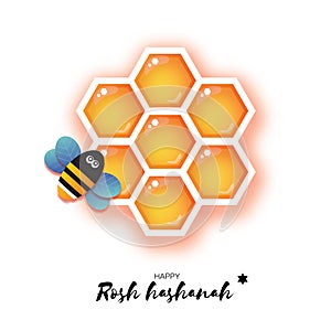 Jewish New Year, Rosh Hashanah Greeting card. Origami Hexagon Honey gold cell and Honey Bee in paper cut style. Happy