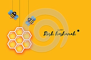 Jewish New Year, Rosh Hashanah Greeting card. Origami Hexagon Honey gold cell and Honey Bee in paper cut style. Happy